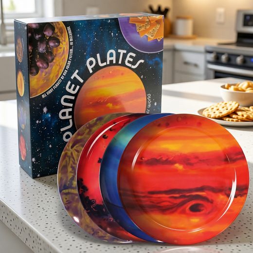 Box and stack of colorful watercolor plates featuring the solar system design.