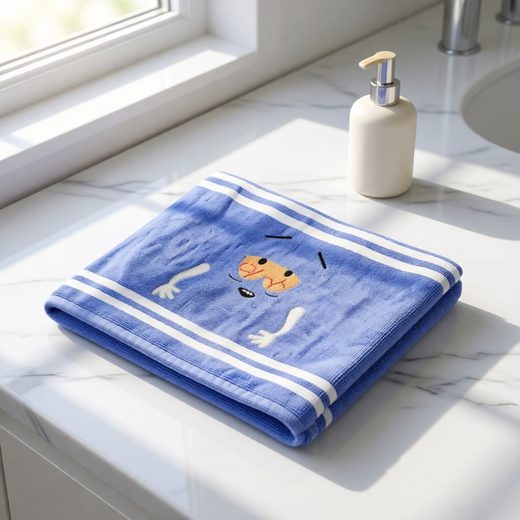 Folded blue hand towel with white stripes and a graphic of the Towelie character.