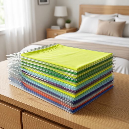 Stack of transparent clothing dividers organizing colorful folded shirts in a dresser drawer.