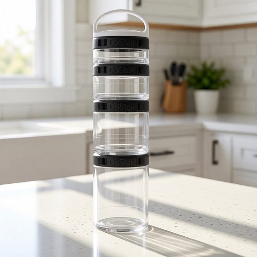 Clear, stackable supplement jars with black lids arranged in a vertical tower.