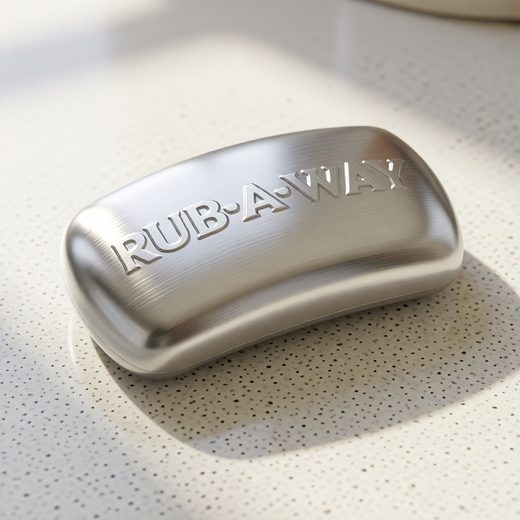 Smooth, rounded stainless steel bar engraved with "RUB-A-WAY" on a light speckled surface.