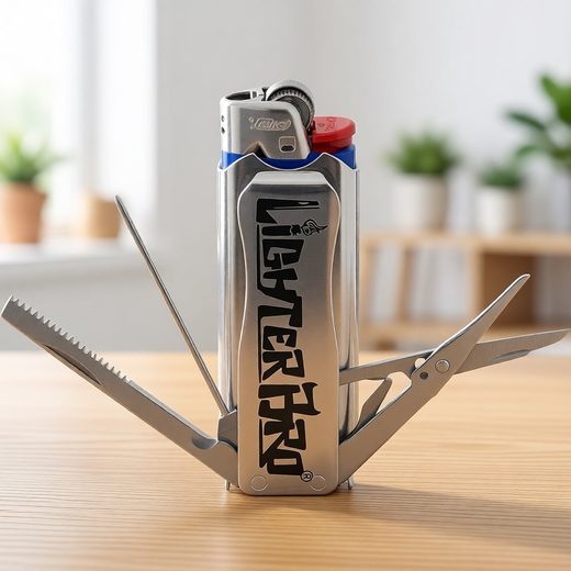 Stainless steel lighter sleeve multi-tool with attached knife and folding scissors.