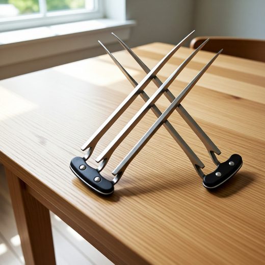 Metallic stainless steel Wolverine claws with black grips crossed on a light wooden table.