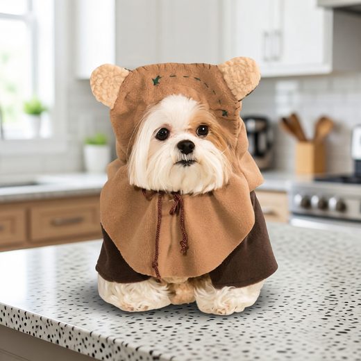 Fluffy white dog wearing a brown Ewok hooded costume with pointed ears and forest details.