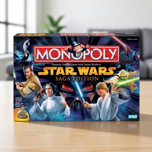 Star Wars Saga Edition Monopoly board game featuring classic characters like Luke and Vader.