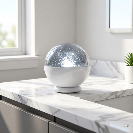 White bowl device projecting a bright, swirling starry night sky inside a clear glass dome.