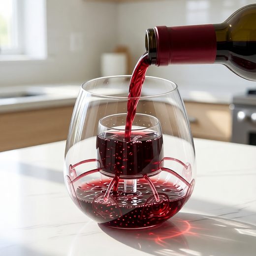 Clear stemless wine glass with built-in aerator catching a pour of red wine.