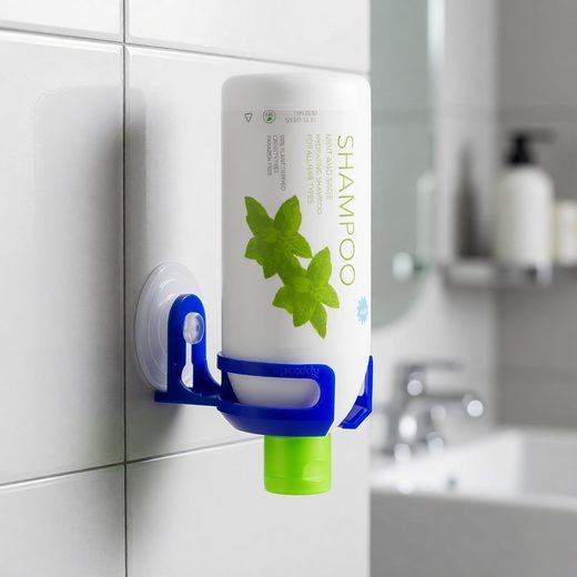 Shower suction cup holder gripping a white bottle of shampoo on a tiled shower wall.
