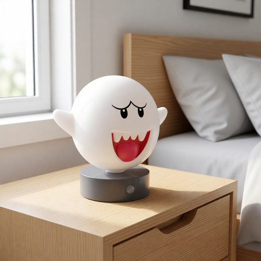 White Boo ghost motion sensor night light with a wide smile on a wooden nightstand.