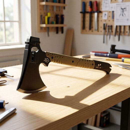 Heavy duty tactical tomahawk featuring a dark beveled axe head and ergonomic tan handle.