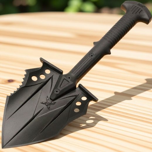 Black entrenching shovel with a stylized, aggressive blade design and sturdy handle.
