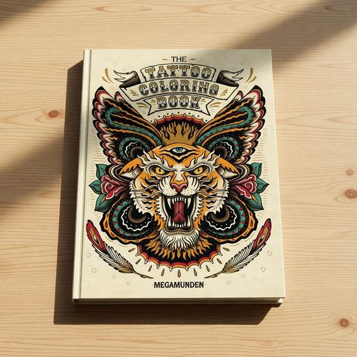 Detailed tattoo coloring book cover featuring a fierce tiger head surrounded by intricate mandalas.