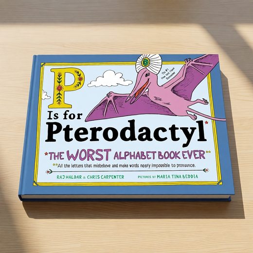 Hardcover children's book cover featuring a pink pterodactyl and the title P Is for Pterodactyl.