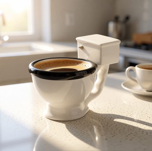 White ceramic toilet mug holding coffee, featuring a detailed porcelain tank design.