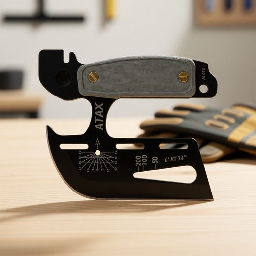 Black multi-tool survival axe featuring a gray handle and measurement markings etched onto the blade.