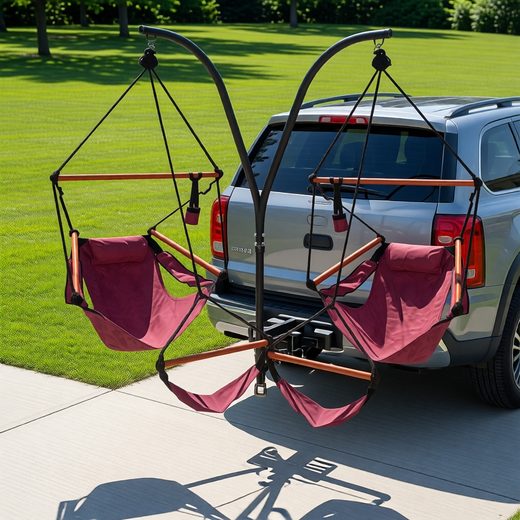Burgundy hammock chairs hanging from a metal stand attached to a vehicle hitch for outdoor relaxation