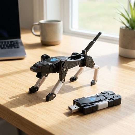 Black mechanical leopard and flat flash drive resting on a light wooden table surface.