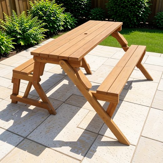 Natural wood picnic table and bench set, designed to transform for outdoor dining.
