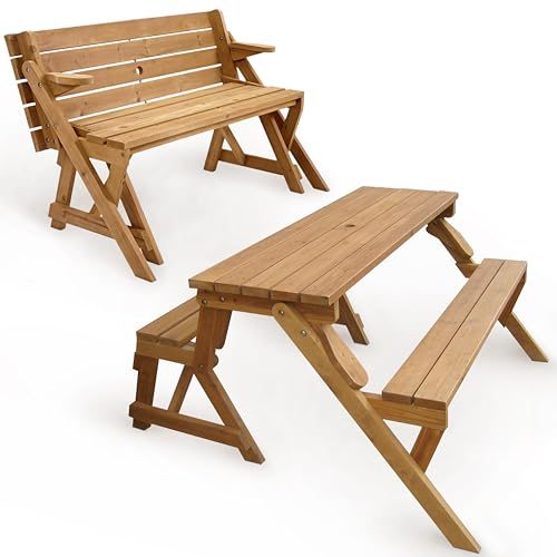 Light wood transforming picnic table and bench set designed for outdoor patio use.
