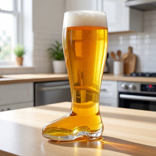Boot-shaped glass beer mug filled with golden lager and topped with white foam.