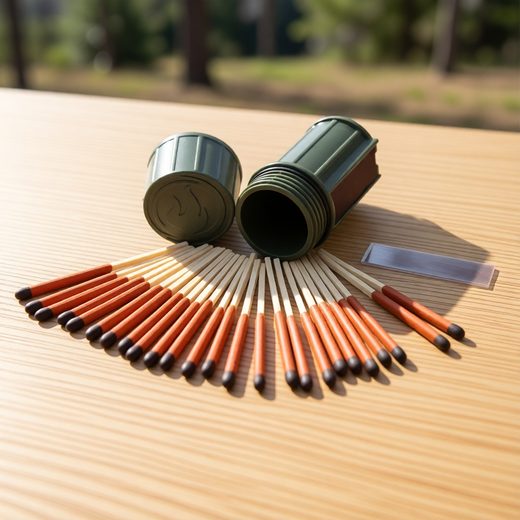 Orange matches fanned out beside two dark green cylindrical stormproof match holders.