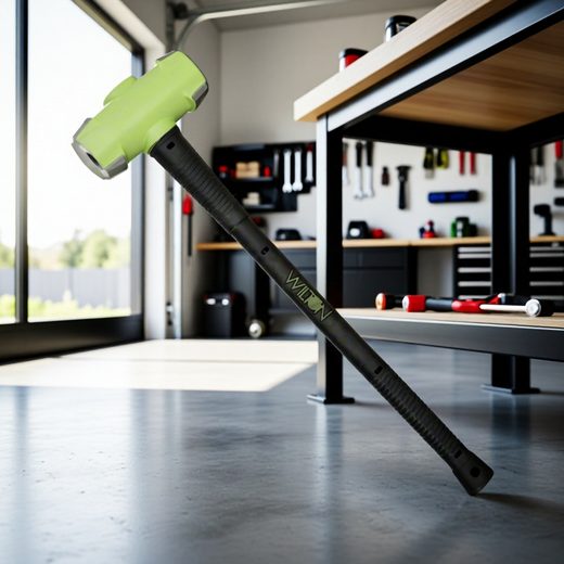 Bright lime green sledgehammer resting on a floor next to a wooden tool shelf in a workshop.
