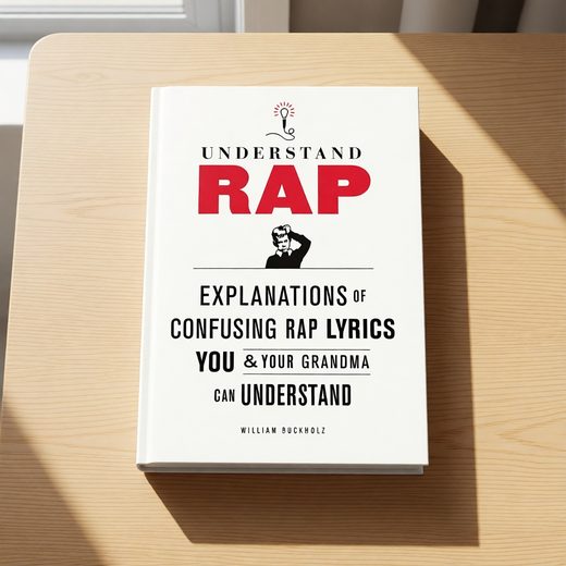 White book titled "Understand Rap" explaining confusing lyrics, displayed on a light wooden surface.