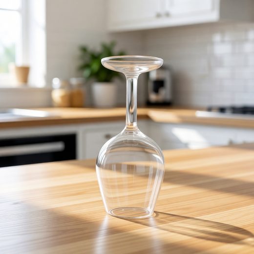 Clear glass wine goblet inverted on a light wood dining table surface.