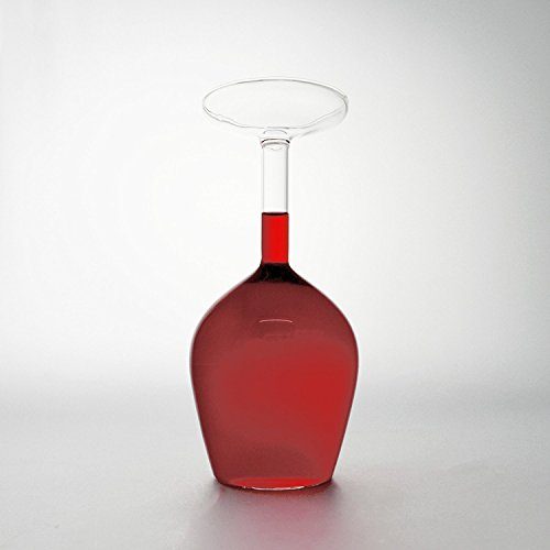 Upside down wine glass filled with red wine, showcasing the inverted design on a white background.