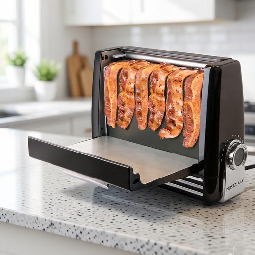 Black vertical bacon grill with strips of bacon cooking inside on a modern kitchen counter.