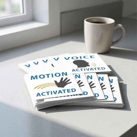 Stack of blue voice and motion activated prank decals on a light wooden surface.