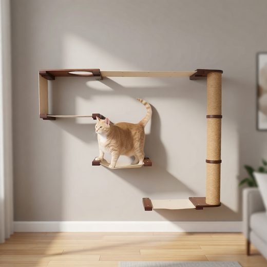 Ginger cat standing on a floating wall-mounted sisal pole climbing track structure.