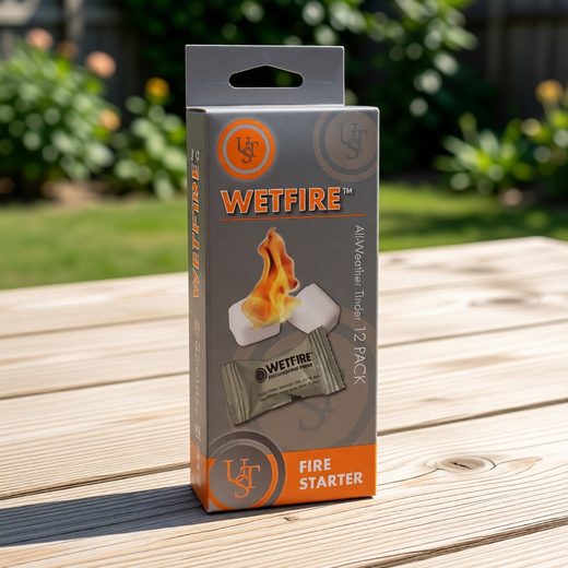 Cardboard box of Wetfire waterproof fire starter cubes, showing a lit flame graphic.