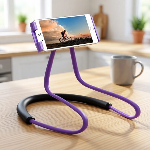 Flexible purple neck phone holder with black strap holding a smartphone on a wooden surface.