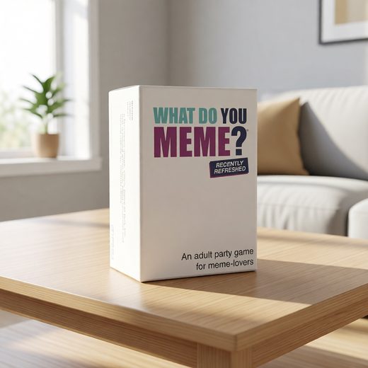 White rectangular box of the meme caption card game resting on a light wooden surface.