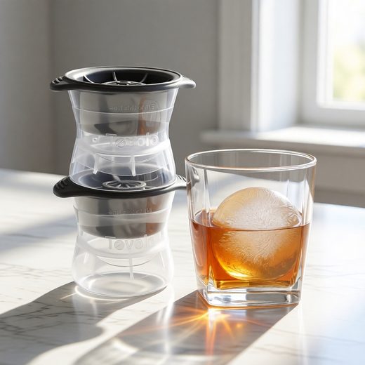 Clear sphere ice mold next to a glass of amber whiskey featuring a large, perfectly formed ice ball.