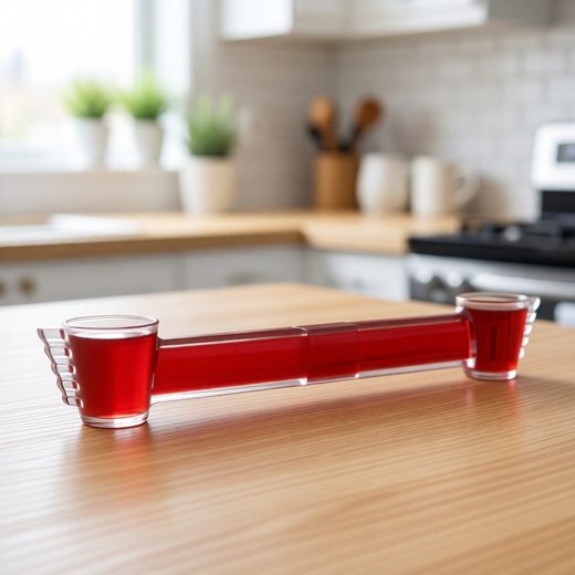 Elongated red shot glass featuring a segmented, buddy-style design on a wooden table.
