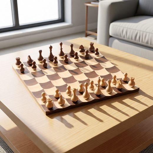 Wooden wobbling chess set with wiggling pieces arranged on a checkered wooden board.