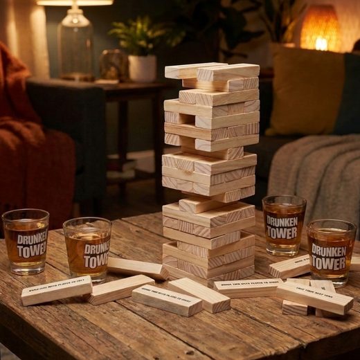 Precariously stacked wooden block tower game surrounded by shot glasses and game cards on a wooden table.