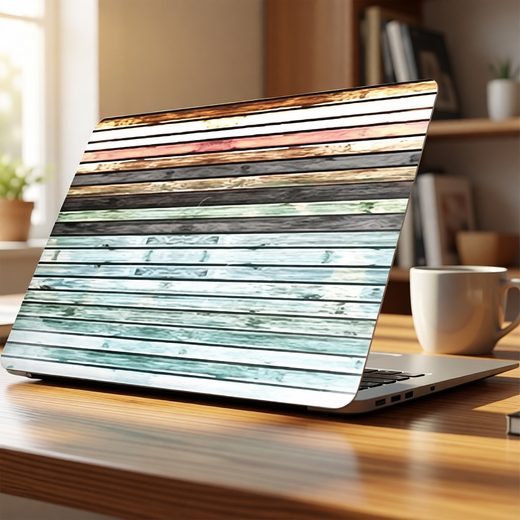 Laptop skin featuring weathered horizontal wood grain stripes in rustic tones on a laptop.