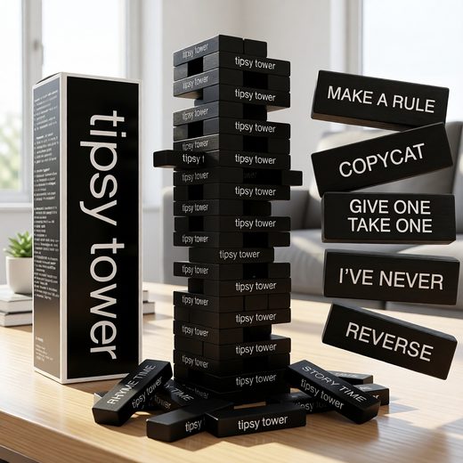 Wooden tumbling tower game blocks stacked high, featuring phrases like "I've Never" and "Make a Rule.