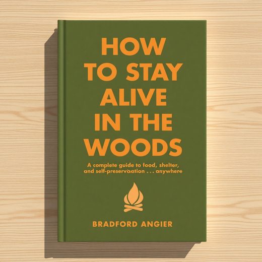 Dark green hardcover book titled How to Stay Alive in the Woods, featuring a small flame icon.