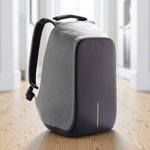 Sleek two-tone gray anti-theft backpack with hidden compartments for modern commuters.