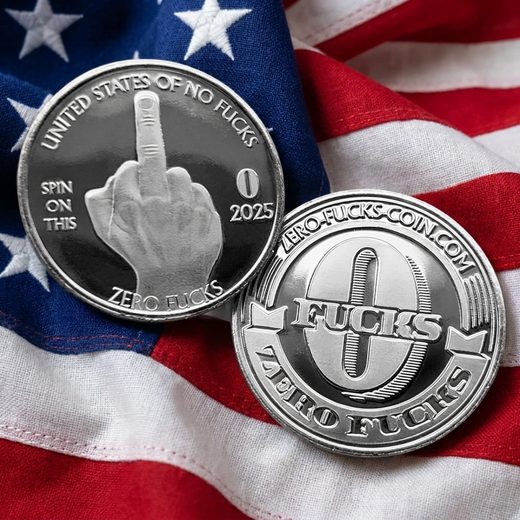 Shiny silver novelty coins depicting a middle finger and Zero Fucks text on an American flag.