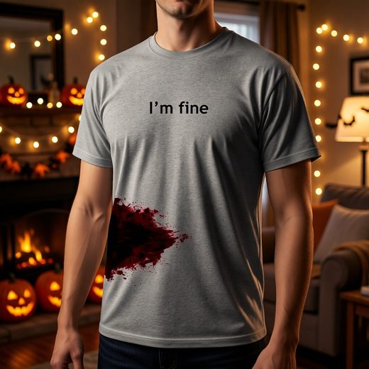 Gray t-shirt displaying "I'm fine" text above a large, splattered red blood graphic.